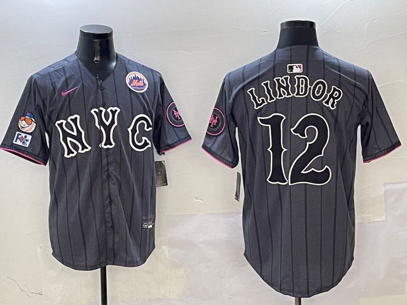 Men New York Mets 12 Lindor Black City Edition 2025 Nike MLB Jersey style 3